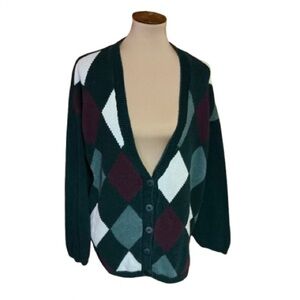 Vtg 80s Paris Sport Club Argyle cardigan sweater